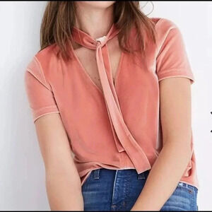 Madewell Velvet Tie Neck Top Dried Coral Short Sleeve Women’s Size Medium EUC